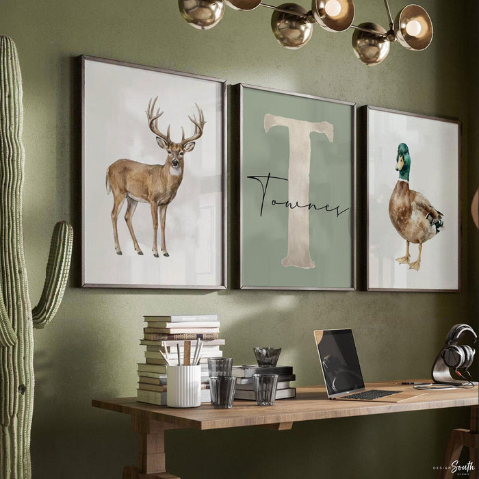 Personalized Woodland Nursery Art Set of 3, Initial Name Prints, Whitetail Buck Deer & Mallard Duck, Watercolor Hunting Decor