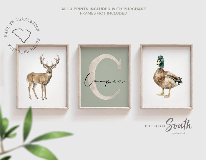 Personalized Woodland Nursery Art Set of 3, Initial Name Prints, Whitetail Buck Deer & Mallard Duck, Watercolor Hunting Decor