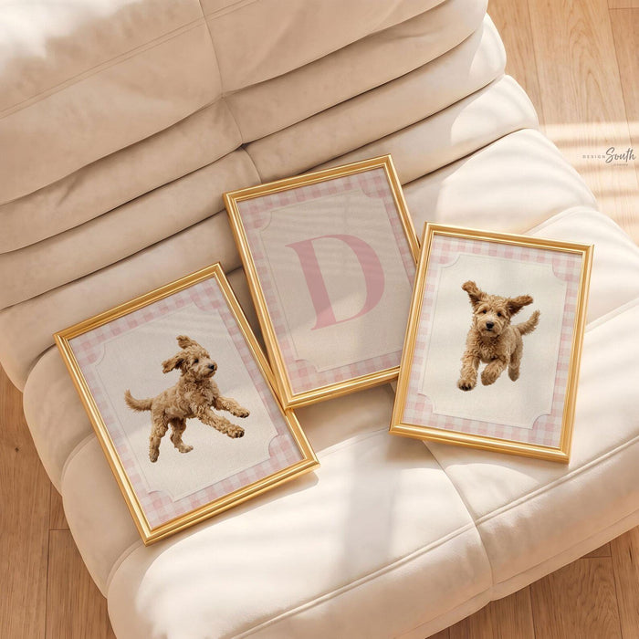 Golden Doodle Nursery Wall Art Set of 3, Personalized Initial, Pink Gingham Puppy Prints, Girls Bedroom Decor, Baby Shower Gift