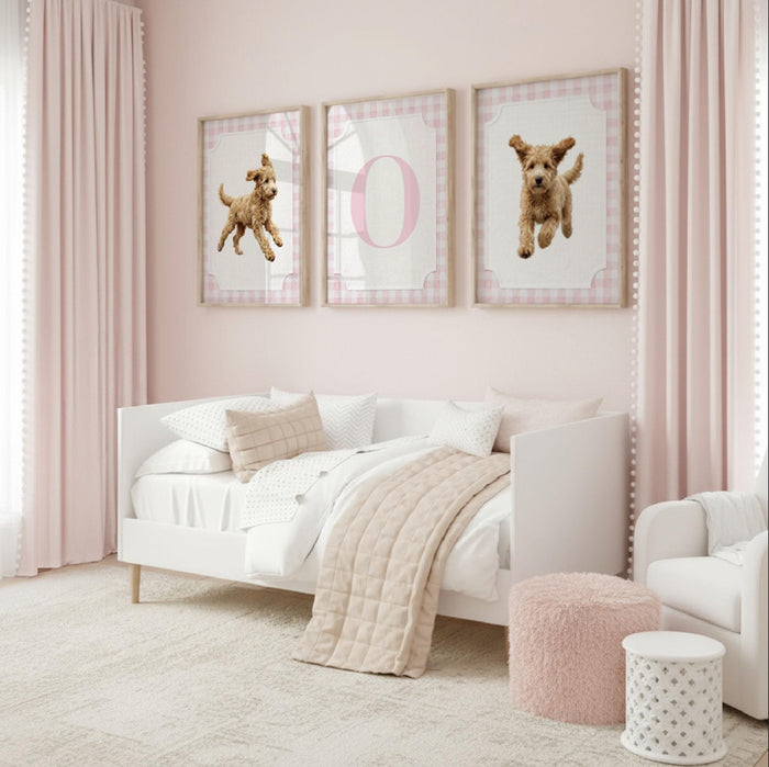 Golden Doodle Nursery Wall Art Set of 3, Personalized Initial, Pink Gingham Puppy Prints, Girls Bedroom Decor, Baby Shower Gift