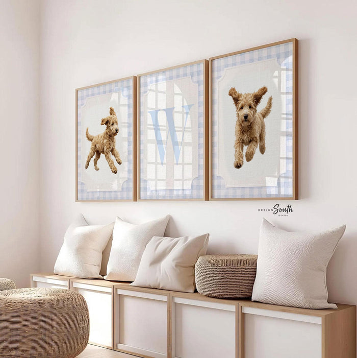 Golden Doodle Nursery Wall Art Set of 3, Personalized Initial, Blue Gingham Puppy Prints, Boys Bedroom Decor, Baby Shower Gift