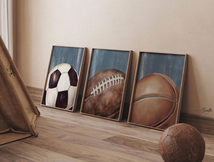 Vintage Blue Sports Wall Art Set of 3, Basketball Soccer Football Prints, Distressed Industrial Sports Decor, Boys Bedroom Playroom Art