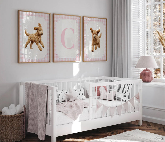 Golden Doodle Nursery Wall Art Set of 3, Personalized Initial, Pink Gingham Puppy Prints, Girls Bedroom Decor, Baby Shower Gift