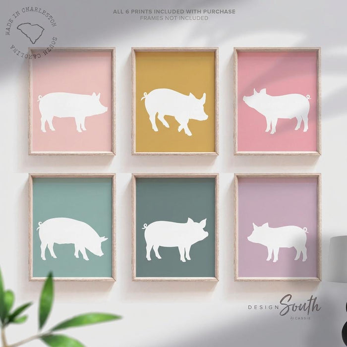 Pig Nursery Art Set of 6, Pastel Piglet Prints for Girls Bedroom or Playroom, Pig Themed Wall Decor, Pig Lover Gift
