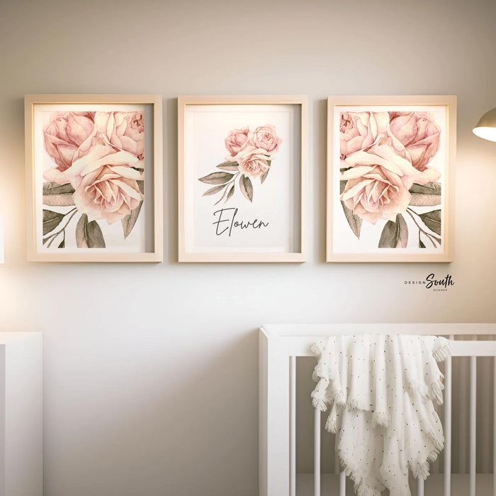 French rose girl room, elegant feminine floral art, floral french rose flower prints, baby girl nursery dusty rose themed, baby shower roses
