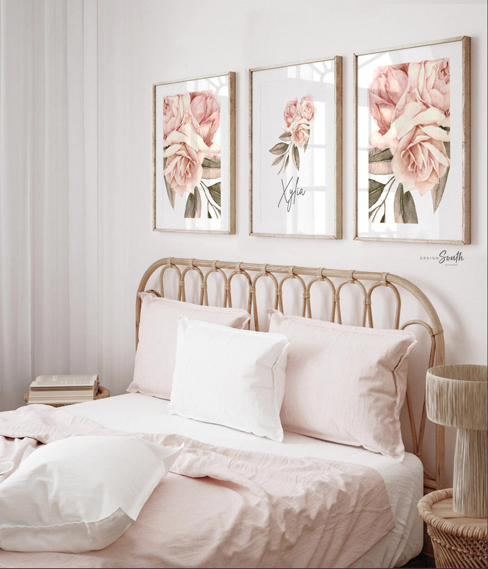 Girl nursery ideas, pink floral kid bedroom, modern elegant chic pink baby nursery decor, blush floral personalized name art, nursery room
