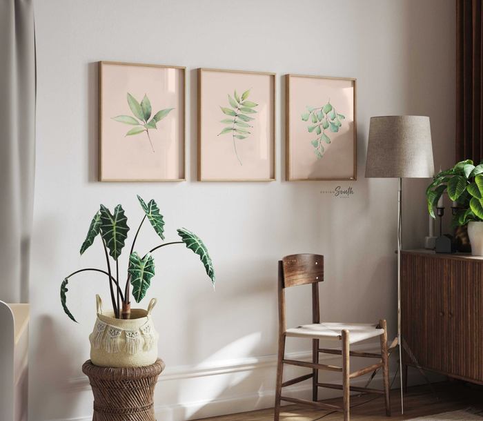 Blush Pink & Green Plant Wall Art — Watercolor Bathroom Prints