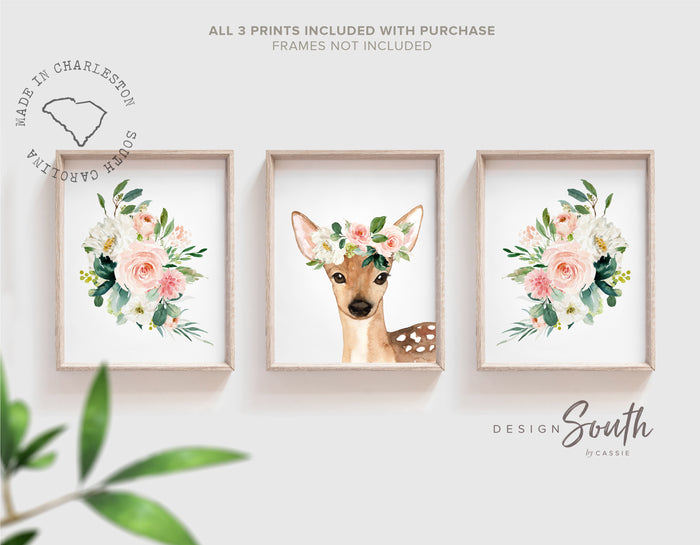 Pink Fawn Nursery Art — Baby Deer Woodland Prints for Girls