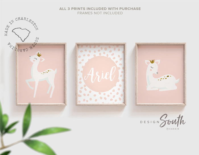 Girl deer nursery, girl deer wall art, personalized deer nursery wall art, blush pink deer art, princess animal deer decor, pink fawn baby