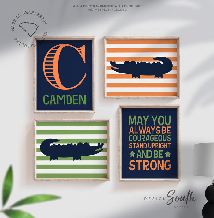 Alligator nursery decor, orange navy blue and green, quote for boys, boys alligator nursery, personalized name decor, gator prints boys wall