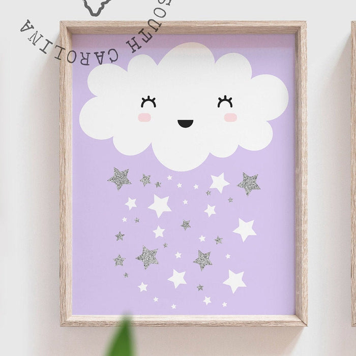 Baby girl nursery wall art prints purple lavender silver sparkles, modern personalized art girl room, cloud moon star nursery art wall decor