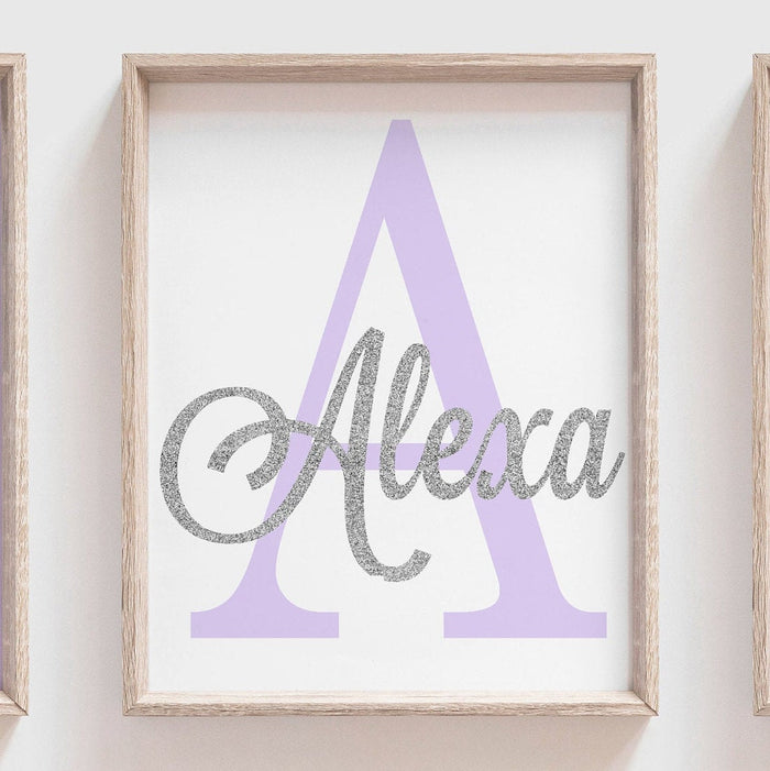 Baby girl nursery wall art prints purple lavender silver sparkles, modern personalized art girl room, cloud moon star nursery art wall decor