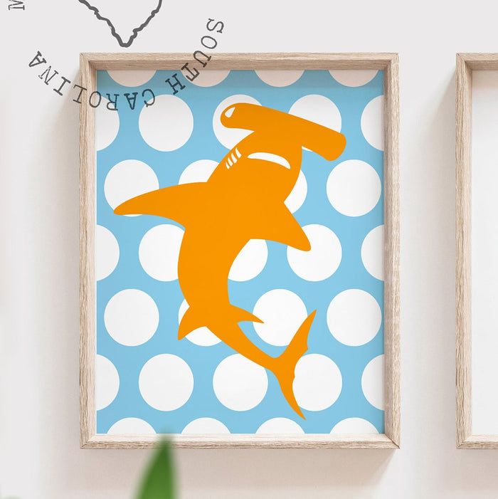 Shark orange and blue, orange shark nursery, baby boy wall art, baby boy nursery sharks, shark decor, shark baby boy gift orange blue, shark