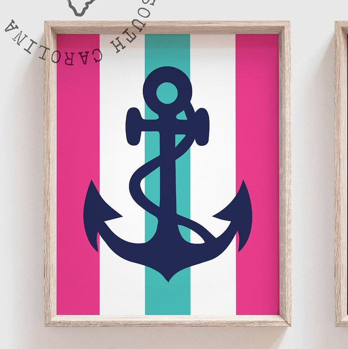 Nautical bathroom decor hot pink and teal, girls nautical bathroom decor, anchor prints wash brush floss flush, little girls bathroom wall