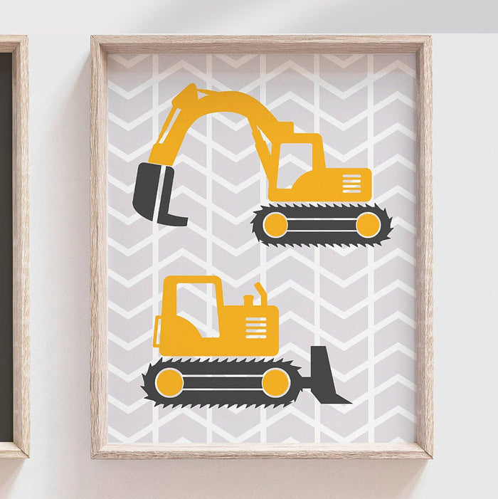 Gray construction nursery trucks, boy construction wall art, yellow gray dump truck theme decor, big boy construction room personalized name