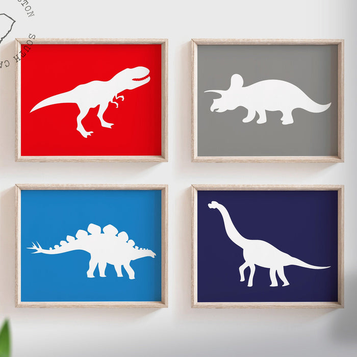 Red blue dinosaur decor, boys playroom wall dinosaurs, wall art for boys, dinosaur art prints for toddlers, dinosaur prints kids red & blue