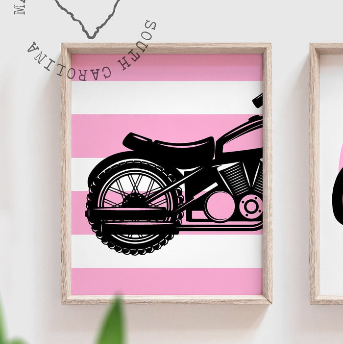 Girl pink motorcycle nursery, girl's pink harley motorcycle, girl pink black motorcycle themed art, pink motorcycle decor monogram name art