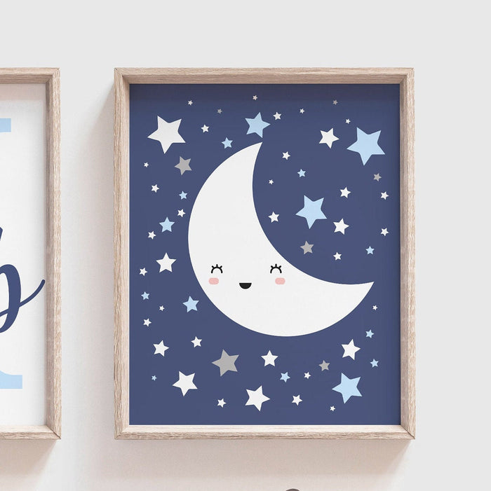 Teal blue yellow boys nursery art, moon and stars, moon nursery boys, cloud decor, star decor, cloud nursery art, boys cloud decor, moon art