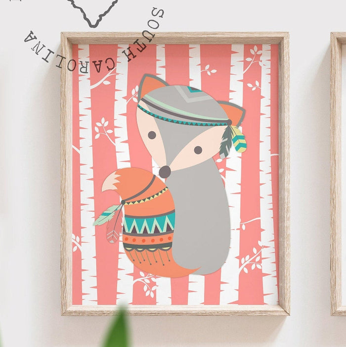Personalized baby art, girl woodland nursery, coral & mint, boho baby room, girl monogram, baby girl fox, name art, gift for baby girl room
