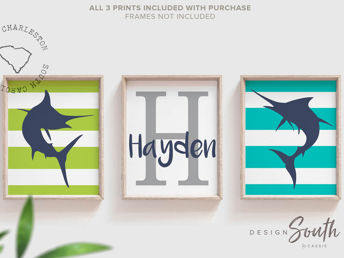 Boys nursery decor marlin fish jumping, navy turquoise lime green, boys room ocean fish decor, gift for boy fish, playroom toddler wall idea