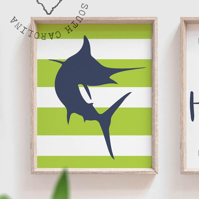 Boys nursery decor marlin fish jumping, navy turquoise lime green, boys room ocean fish decor, gift for boy fish, playroom toddler wall idea