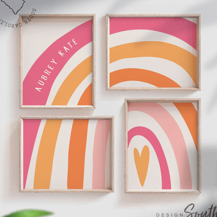 Pink and orange nursery decor, girls monogram art, rainbow heart pink orange decor, rainbow monogram, girls nursery decor ideas personalized