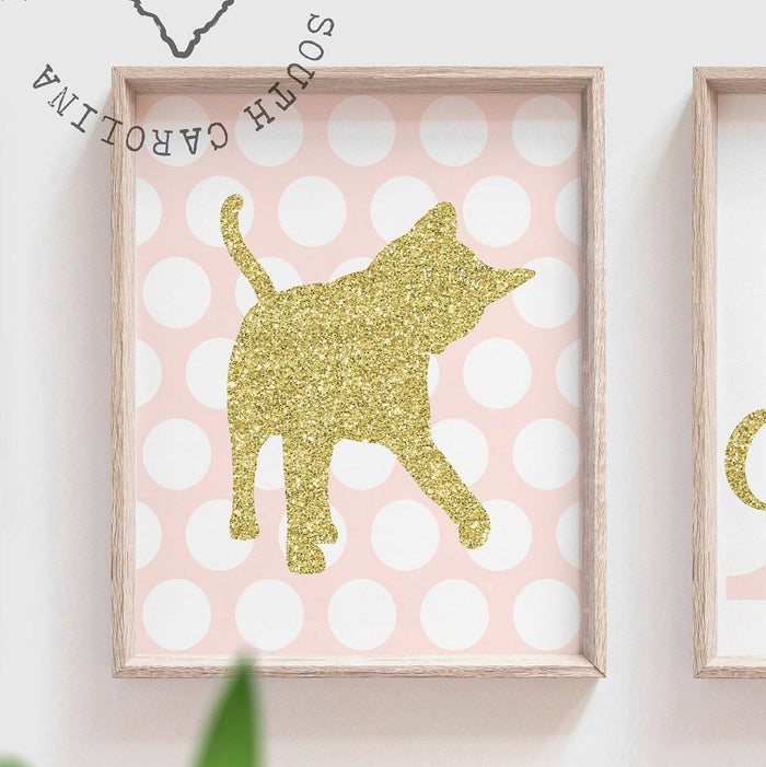 Pink and gold baby kitty cat art prints, personalized cat gift, birthday cat theme gift for girl, kitten pictures nursery, wall art kittens