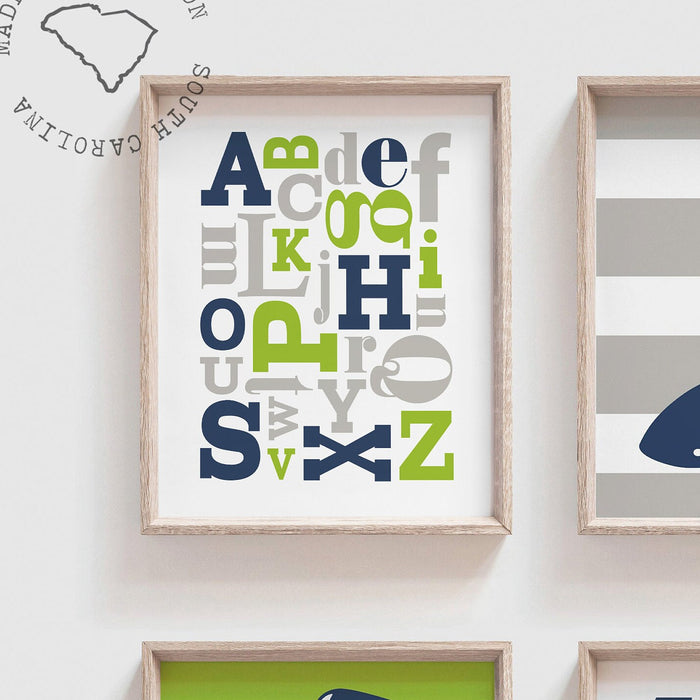 Boys nursery decor, shark nursery decor, lime gray and navy blue nursery wall art, shark theme nursery art, shark decor, shark art, abc 123