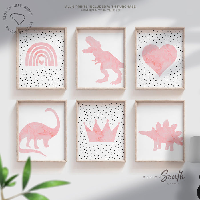 Girl dinosaurs hearts rainbows, girl pink dinosaur themed nursery, girl dinosaur bedroom wall art, pink dinosaurs, 6 girly dinosaur prints