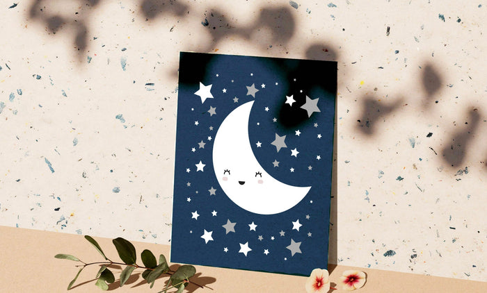 Moon stars nursery, celestial nursery boy, navy blue gray, moon stars & clouds, baby boy art, star moon baby decor, celestial art wall decor