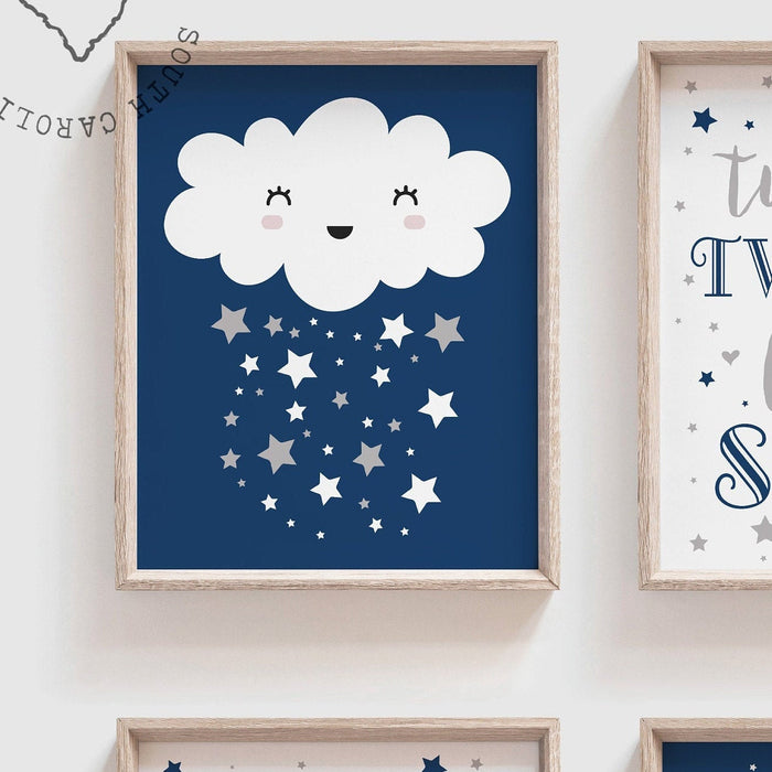 Moon stars nursery, celestial nursery boy, navy blue gray, moon stars & clouds, baby boy art, star moon baby decor, celestial art wall decor