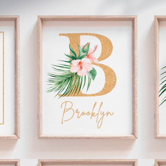 Coral gold baby room art, little girl tropical gold sparkle room, coral blush tropical girl room art, toddler bedroom personalized name girl