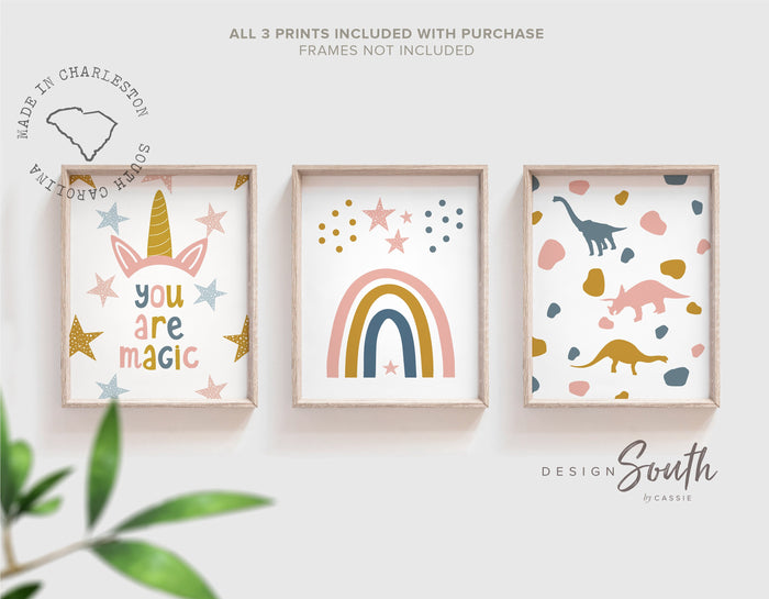 Girl dinosaur and unicorn art, dinosaur unicorn prints for girls, trendy pattern girl dinosaurs, art prints dinosaur unicorn theme modern