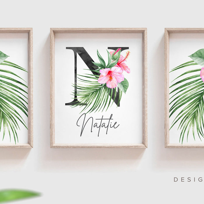 Hot pink floral nursery decor, wall art for girls room tropical hot pink, green palms and pink, little girl bedroom personalized name,
