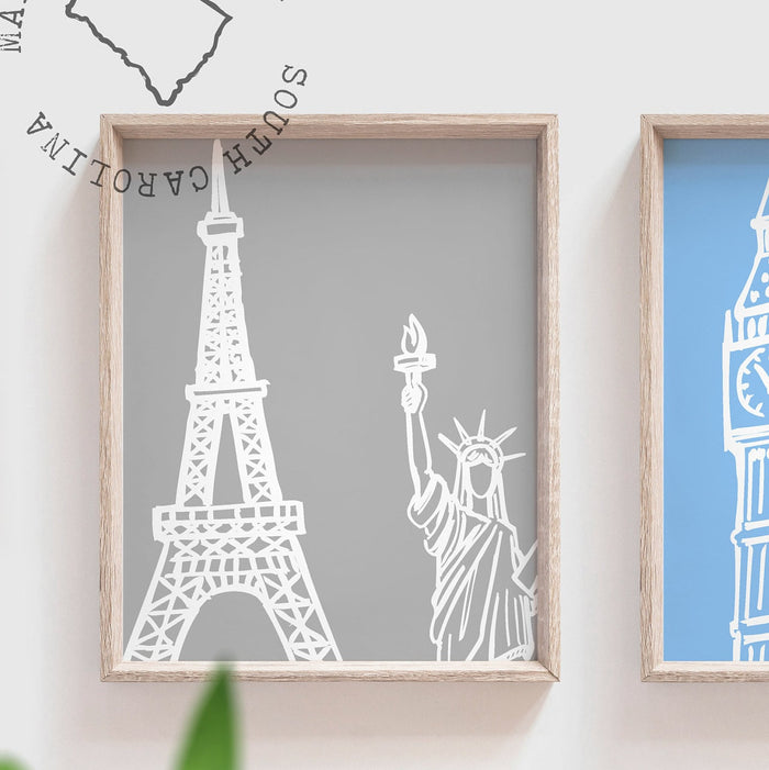 Navy blue travel themed art, paris london new york landmarks decor, leaning tower of pisa, paris eiffel tower art, travel bedroom decor kids