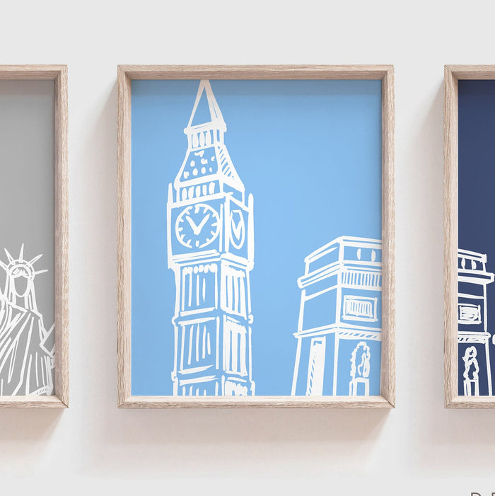 Navy blue travel themed art, paris london new york landmarks decor, leaning tower of pisa, paris eiffel tower art, travel bedroom decor kids