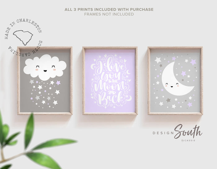 Baby girl nursery lilac and gray, moon and stars nursery decor, I love you to the moon, cloud nursery girl, cloud wall art, moon star cloud