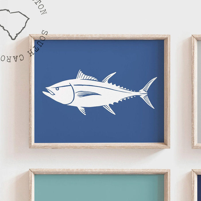 Fish art prints nursery decor modern, nautical artwork blue and gray, set of four prints, fishing theme gift for boys, playroom wall ideas