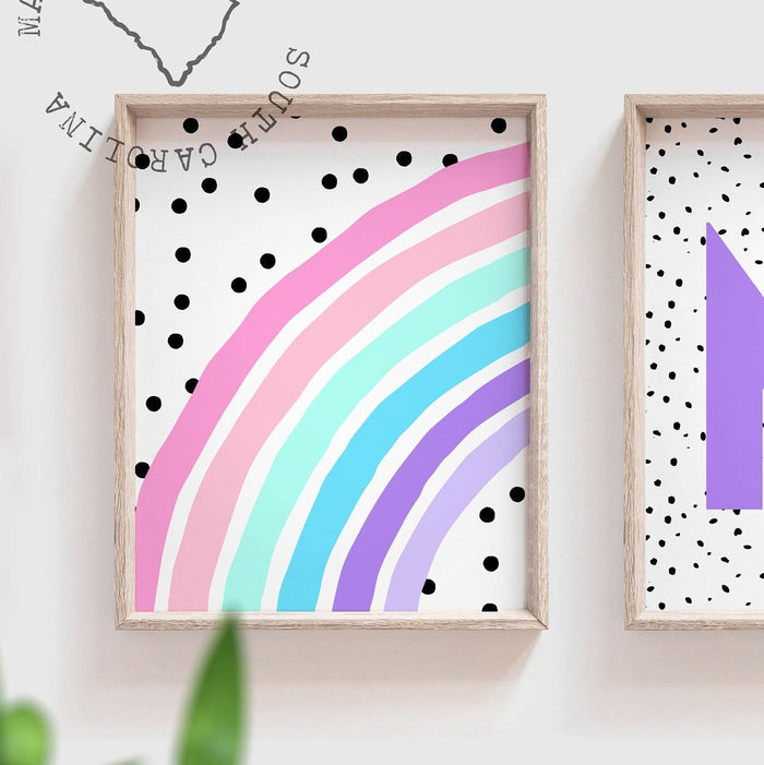 Rainbow nursery monogram art print, baby girl monogram nursery wall art, custom nursery wall art, rainbow monogram letter, polka dots kids