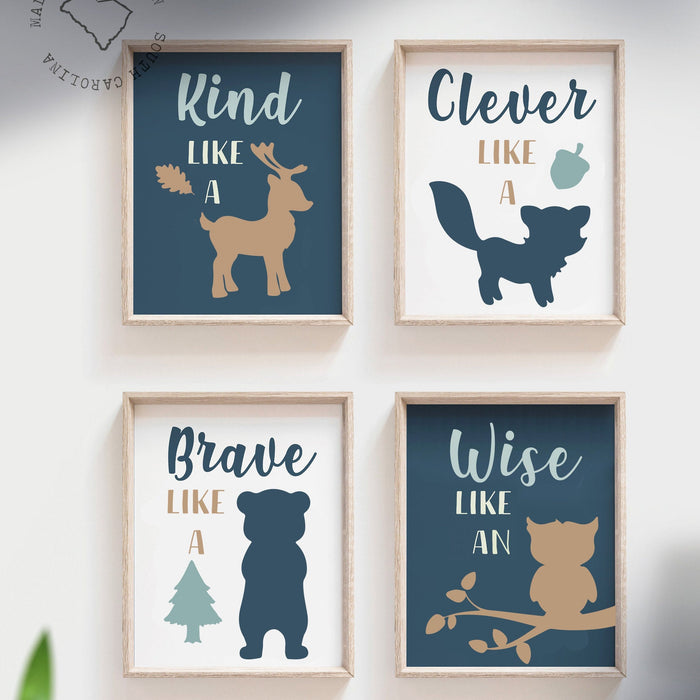 Baby boy nursery rustic woodland animals, bear owl deer kids wall art prints, navy blue woodland, boy wall decor ideas, animals wall art