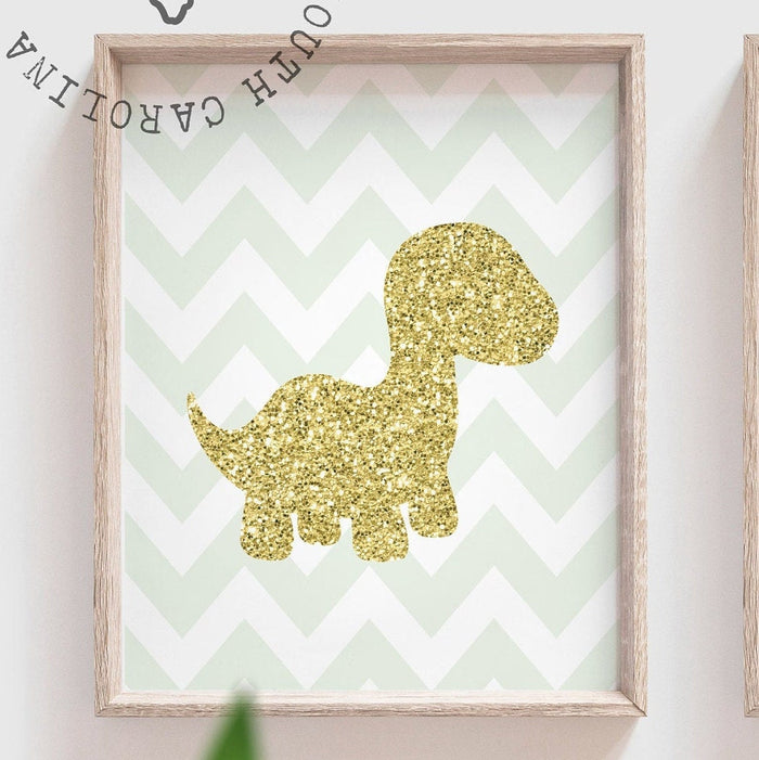 Dinosaur roar means I love you in dinosaur print, light green dinosaur wall decor, light green and gold baby room art, dinosaur nursery set