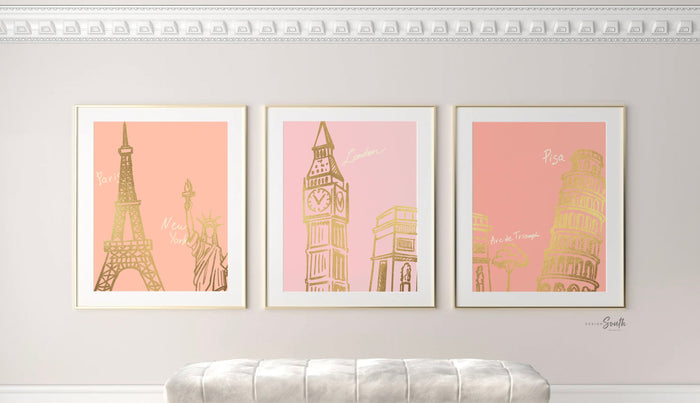 Pink travel nursery, adventure travel theme nursery pink coral gold, kids pink paris europe global travel nursery or bedroom wall art, paris