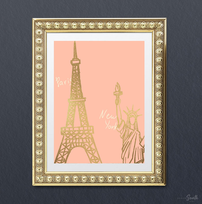 Pink travel nursery, adventure travel theme nursery pink coral gold, kids pink paris europe global travel nursery or bedroom wall art, paris