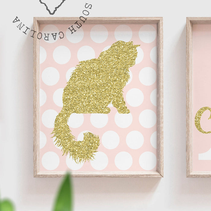 Kitty cat girls art, baby shower pink kitties, pink and gold nursery art kittens, kitty cat art, kitten decor, cat girl wall art for room