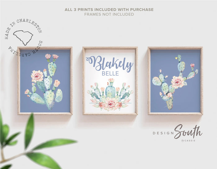 Pink flower cactus nursery art, watercolor wall art, girls bohemian nursery art, boho girls room wall decor, cactus nursery art personalized