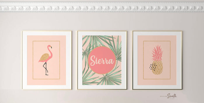 Coral gold flamingo nursery decor, girls nursery decor coral and gold, tropical nursery theme, girls tropical bedroom, wall decor coral gold