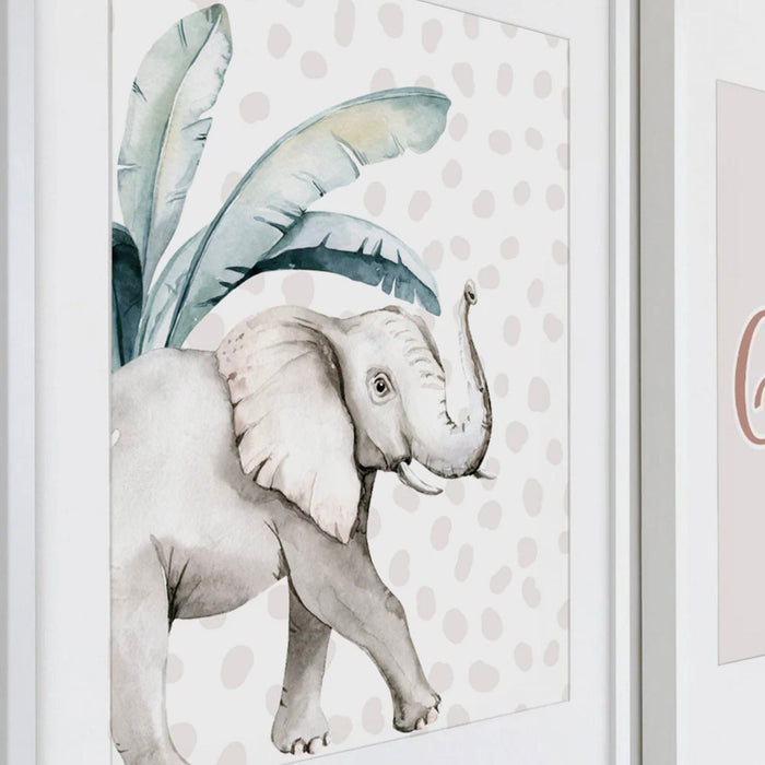 Girl nursery decor, palm leaf tropical theme nursery art, jungle theme safari animal baby girl wall, pink gray safari nursery wall art decor