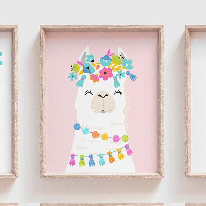 Bright colorful llama art, personalized name sign with llamas flowers, cactus rainbows stars llamas art prints, set of 6 art prints llamas
