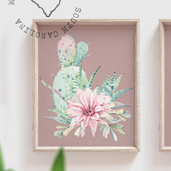 Succulent wall art print, mauve bathroom decor, ideas for bathroom decorating, cactus blooms theme, mauve bathroom art for adult or children