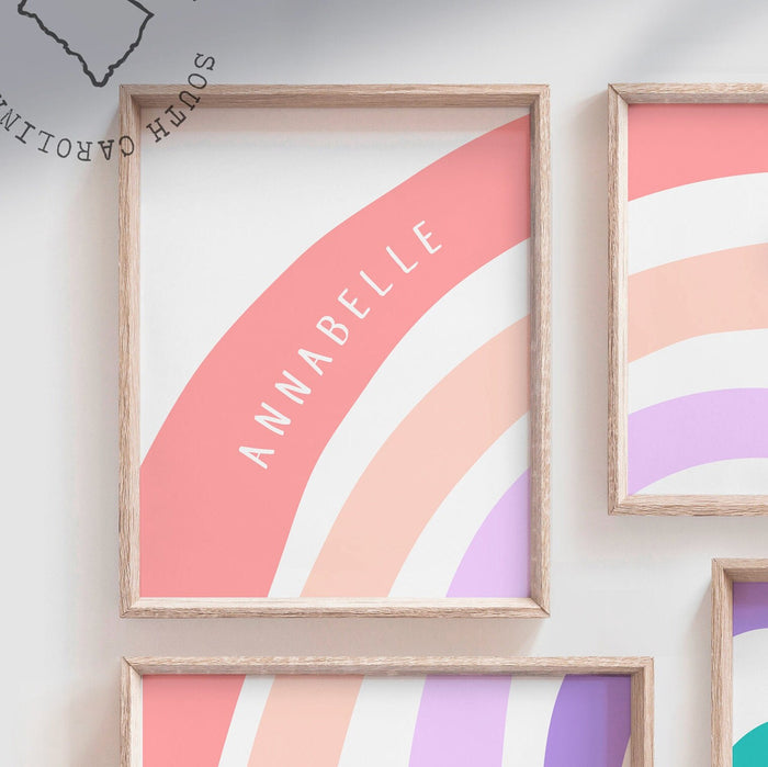Rainbow nursery teal aqua purple lilac lavender peach coral, heart love girls name personalized gift, purple and teal nursery, bedroom wall